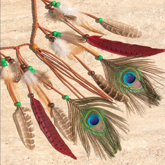 NIP Boho Peacock Red Hawk Feather Suede Headband - Picture 3 of 5